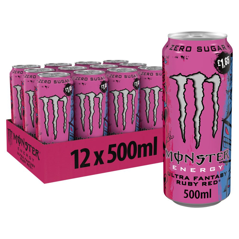 Pink Monster Energy drink cans with packaging on a white background