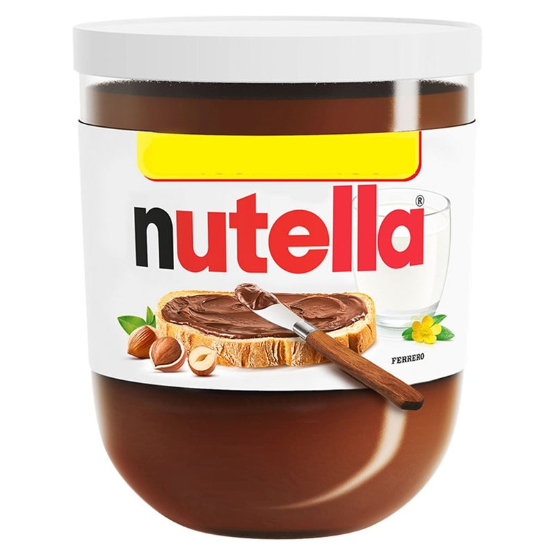A jar of Nutella chocolate hazelnut spread with a white lid and a white label featuring the red and black Nutella logo, a slice of bread spread with chocolate, hazelnuts, and a knife. The Ferrero brand name is visible on the lower right of the label.