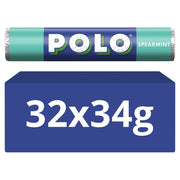 A pack of Polo Spearmint mints shown as a teal and navy wrapper above a blue box labeled 32x34g on a white background.