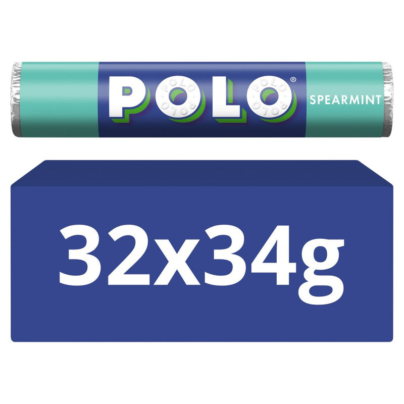 A pack of Polo Spearmint mints shown as a teal and navy wrapper above a blue box labeled 32x34g on a white background.