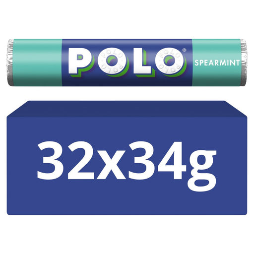 A pack of Polo Spearmint mints shown as a teal and navy wrapper above a blue box labeled 32x34g on a white background.
