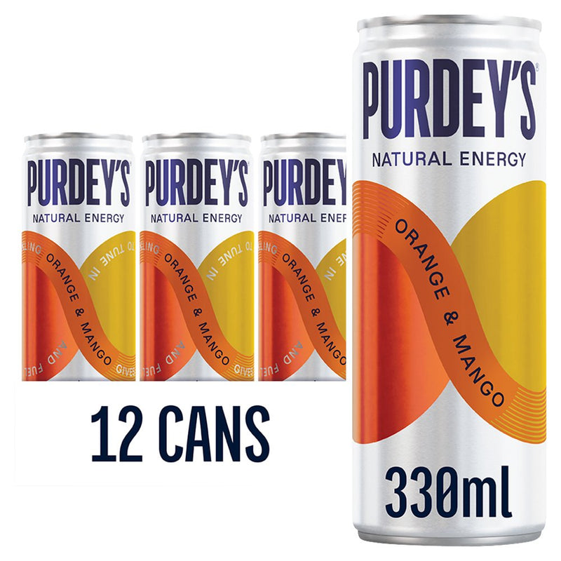 Purdey's Orange & Mango energy drink cans on a white background