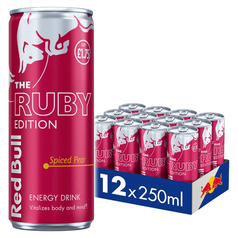 Red Bull Ruby Edition energy drink can and packaging with 12 cans.