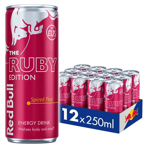 Red Bull Ruby Edition energy drink can and packaging with 12 cans.