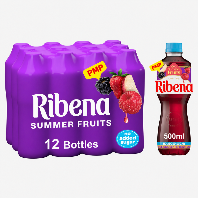 Ribena Summer Fruits 12-bottle pack in purple with berry illustrations, shown next to a single 500ml bottle of Ribena Summer Fruits on a light gray background.
