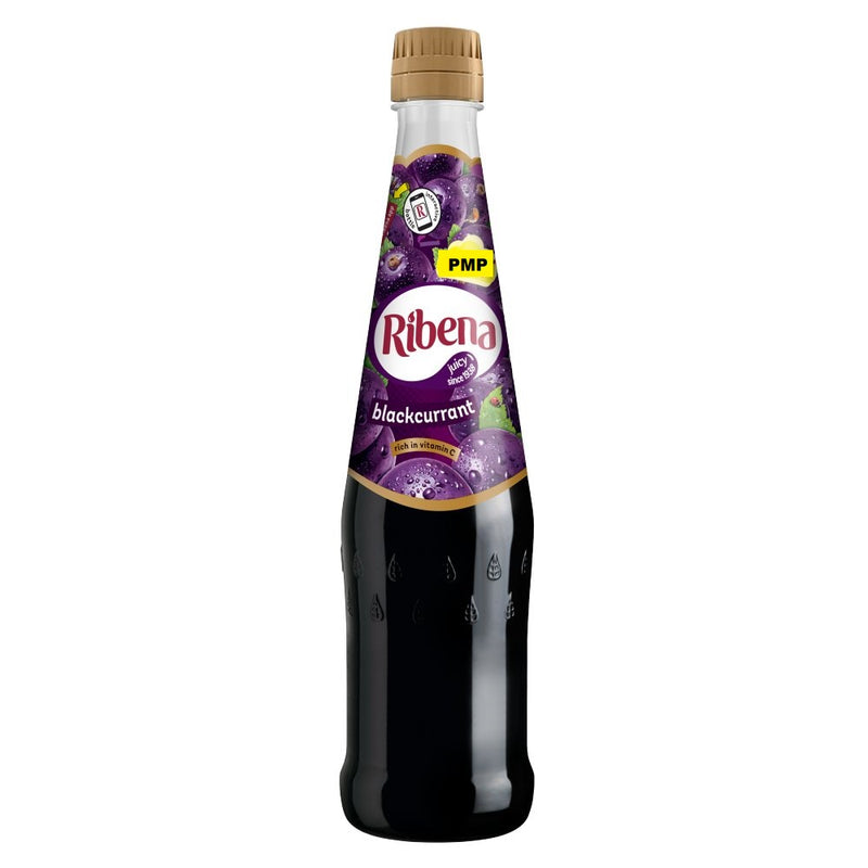 A bottle of Ribena Blackcurrant Squash PMP 600ml with a label showing the brand name, product flavor, and a 'PMP' logo indicating the packaging material.