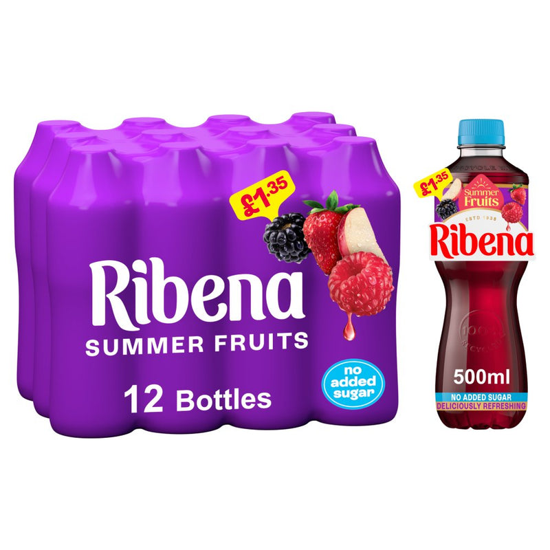 Packaging of Ribena Summer Fruits drinks with a single bottle on a white background