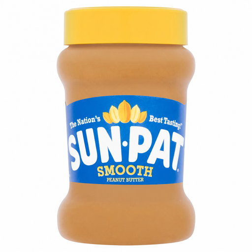 A jar of Sun-Pat Smooth Peanut Butter on a plain white background. The jar has a bright yellow lid, filled with peanut butter, and features a blue label with the brand name 'SUN-PAT' in large white letters.