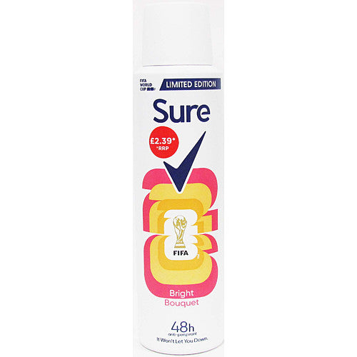 Sure deodorant spray bottle with colorful design on a white background