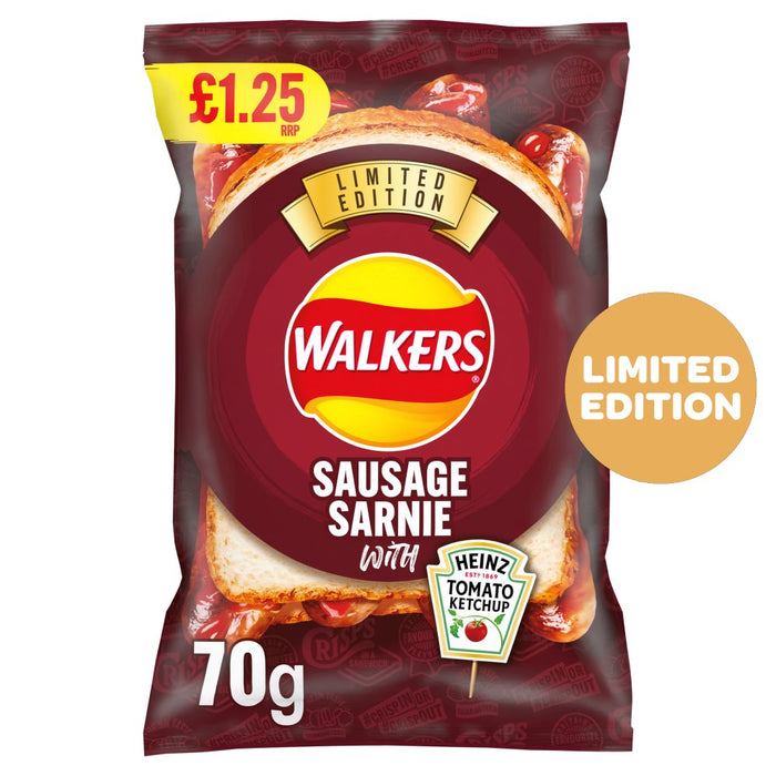 Walkers Sausage Sarnie with Heinz Tomato Ketchup Sharing Bag Crisps PMP 70g (Box of 18)