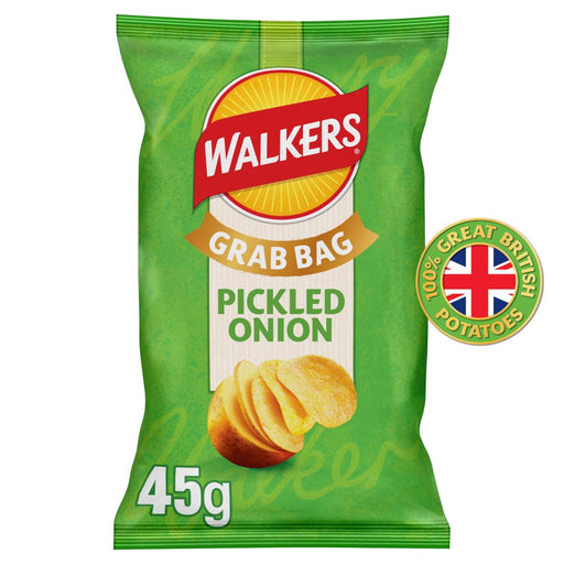 Walkers Pickled Onion chip packet on a white background