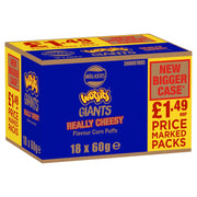 A cardboard multipack box of Walkers Giants Really Cheesy Flavour Corn Puffs, featuring a blue front panel with yellow and red text, alongside a yellow side panel highlighting a new bigger case price of £1.49.