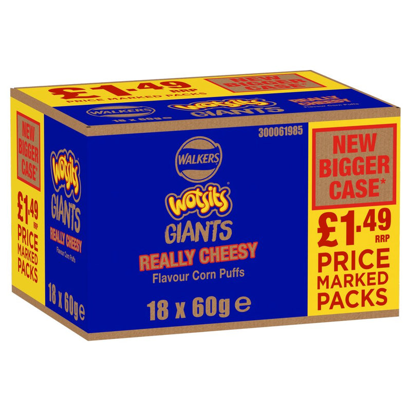 A cardboard multipack box of Walkers Giants Really Cheesy Flavour Corn Puffs, featuring a blue front panel with yellow and red text, alongside a yellow side panel highlighting a new bigger case price of £1.49.