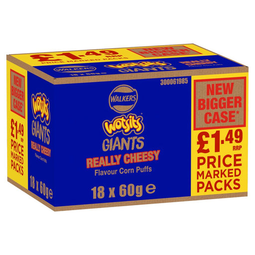 A cardboard multipack box of Walkers Giants Really Cheesy Flavour Corn Puffs, featuring a blue front panel with yellow and red text, alongside a yellow side panel highlighting a new bigger case price of £1.49.