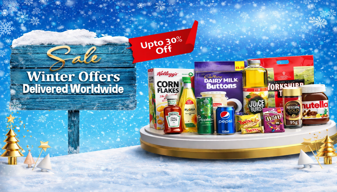 Winter sale promotional banner for Britishgram online supermarket with a snowy blue background, featuring a wooden sign reading ‘Sale – Winter Offers Delivered Worldwide,’ a red ribbon stating ‘Up to 30% Off,’ and assorted grocery and snack products displayed on a round platform with festive decorations.