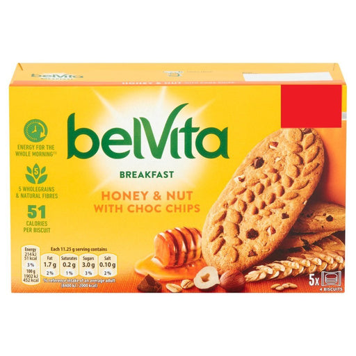 Belvita Breakfast Biscuits Honey and Nut with Choc Chips 5 Pack PMP 225g (Case of 10) - BritishGram.com