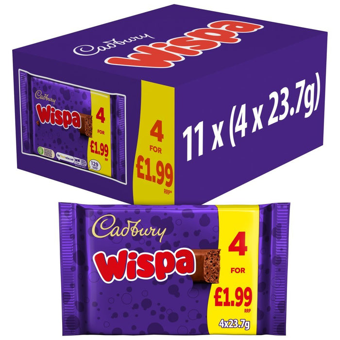 Cadbury Wispa Chocolate Bar 4 Pack Multipack 94.8g (Case of 11 Total 44 Bars) - BritishGram.com