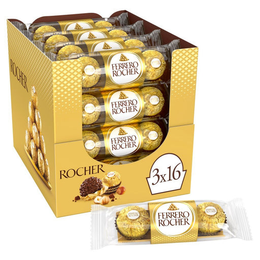 Ferrero Rocher Chocolate Pralines Treat Pack 3 Pieces 37.5g (Box of 16) - BritishGram.com