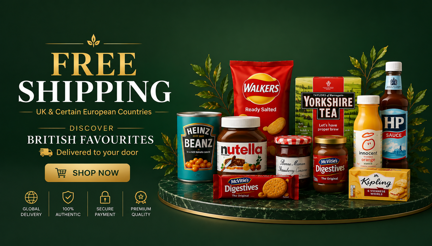 Premium slim horizontal banner advertising free shipping on British groceries to the UK and selected European countries, featuring Yorkshire Tea, Heinz Beanz, Walkers crisps, HP Sauce, McVitie’s Digestives, and other iconic British food products on a luxury dark green background.