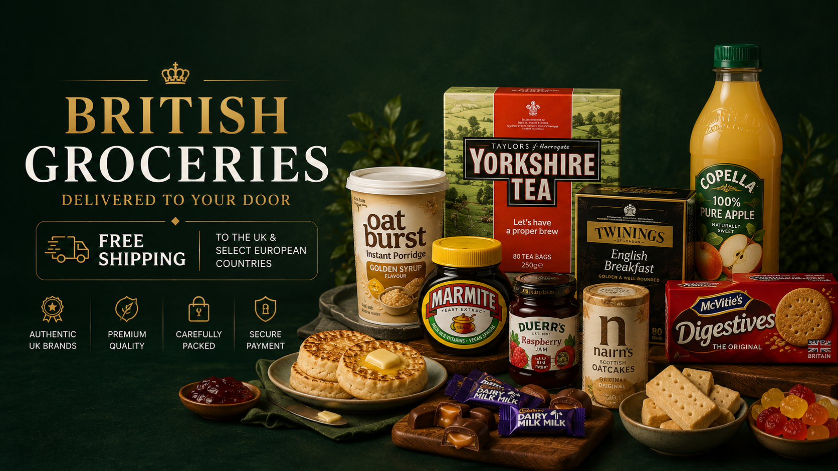 Premium horizontal British groceries banner featuring Yorkshire Tea, Twinings English Breakfast Tea, Marmite, McVitie’s Digestives, Cadbury Dairy Milk chocolates, oatcakes, jam, apple juice, and traditional British pastries on a luxury dark green background with free shipping message.