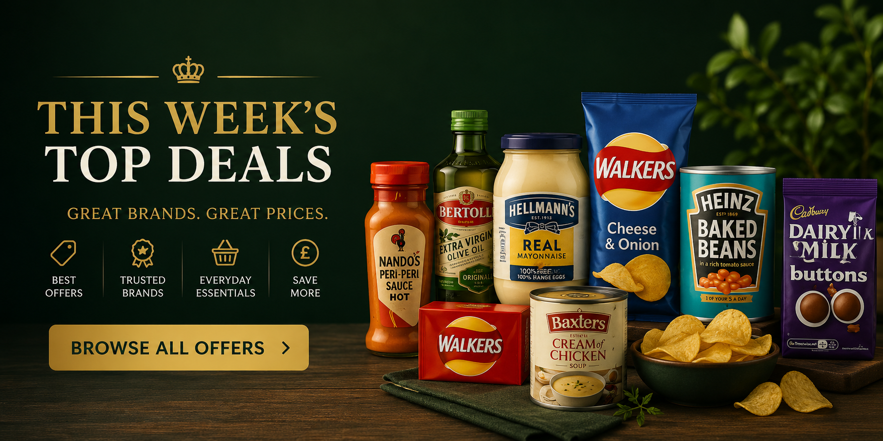 Premium horizontal “This Week’s Top Deals” British groceries banner featuring Walkers crisps, Heinz Baked Beans, Hellmann’s mayonnaise, Cadbury Dairy Milk Buttons, Nando’s Peri-Peri Sauce, olive oil, and Baxters soup on a luxury dark green background with browse offers call-to-action.