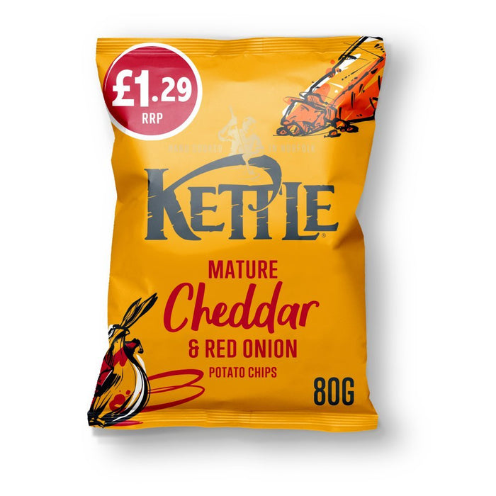 Kettle Chips Mature Cheddar & Red Onion Chips PMP 80g (Box of 12) - BritishGram.com