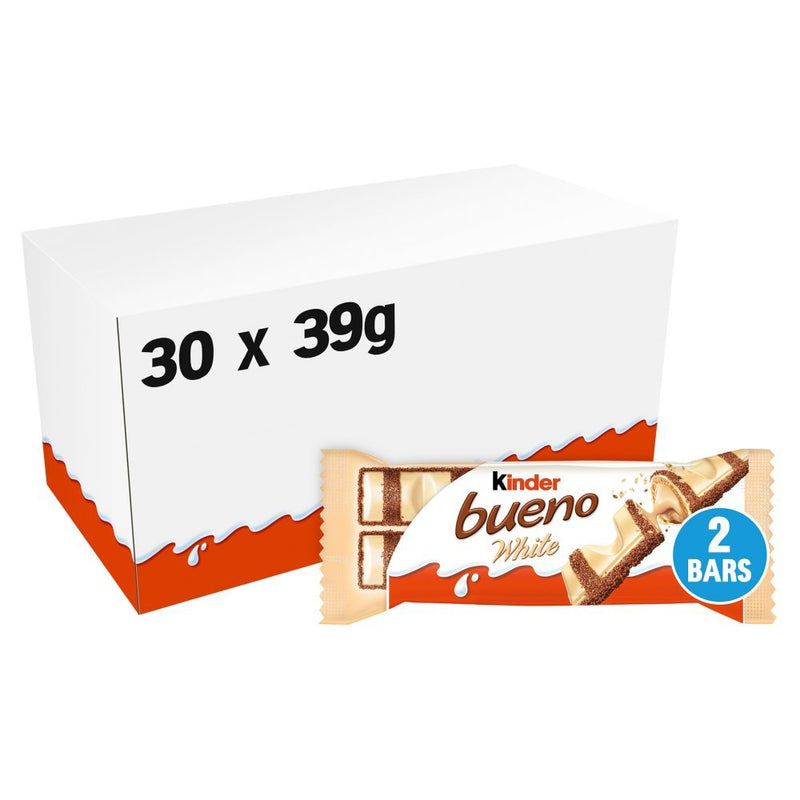 Kinder Bueno White Chocolate & Hazelnut Wafer Biscuit Bar PMP 39g (Box of 30) - BritishGram.com