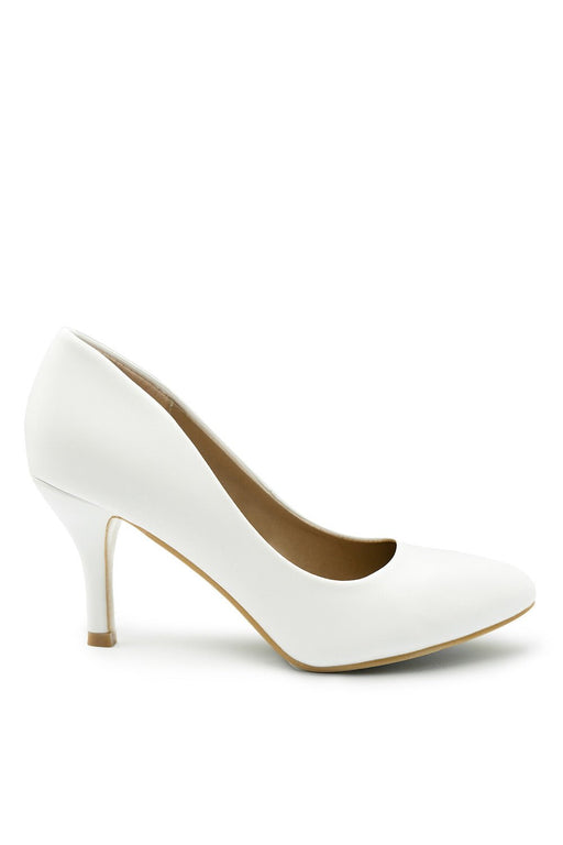 PAOLA MID HIGH HEEL COURT PUMP SHOES WITH POINTED TOE IN WHITE FAUX LEATHER - BritishGram.com