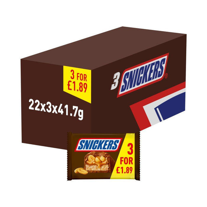 Snickers Chocolate Bars Multipack 3 x 41.7g (Box of 22) - BritishGram.com