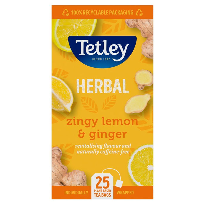 Tetley Herbal Zingy Lemon & Ginger 25 Plant Based Tea Bags 50g (Case of 6) - BritishGram.com
