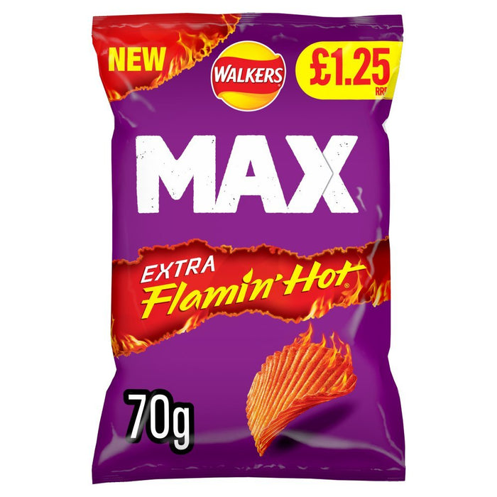 Walkers Max Extra Flamin' Hot Sharing Bag Crisps 70g (Box of 15) - BritishGram.com