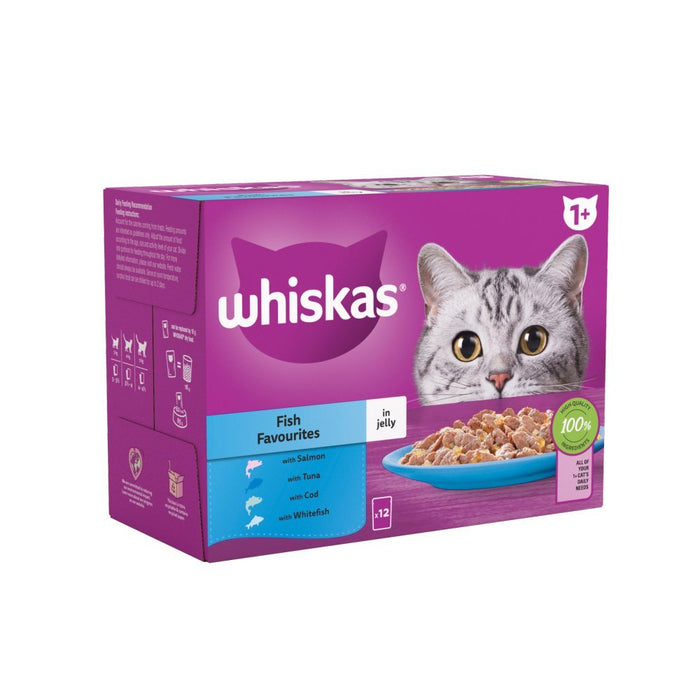 Whiskas 1+ Fish Favourites Adult Wet Cat Food Pouches in Jelly 12x85g (Case of 4) - BritishGram.com