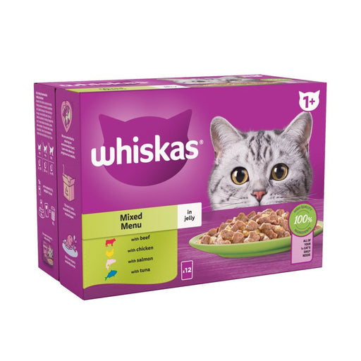 Whiskas 1+ Mixed Menu Adult Wet Cat Food Pouches in Jelly 12x85g (Case of 4) - BritishGram.com