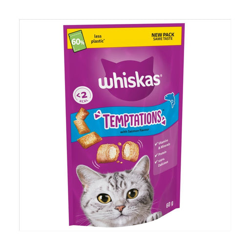 Whiskas Temptations Adult Cat Treats with Salmon 60g (Case of 6) - BritishGram.com