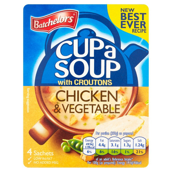 Batchelors Cup a Soup Chicken & Vegetable with Croutons 4 Sachets, 110g (Case of 9) - BritishGram.com