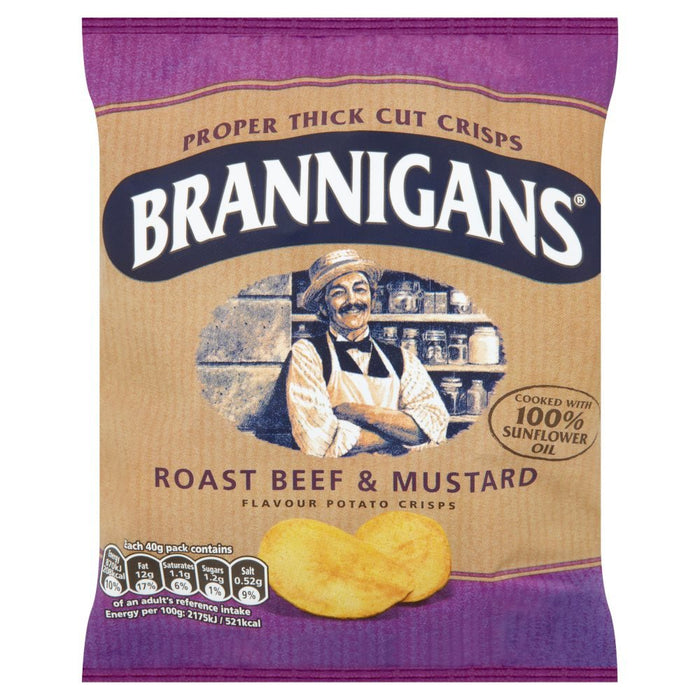 Brannigans Roast Beef & Mustard Potato Crisps, 40g (Box of 18) - BritishGram.com