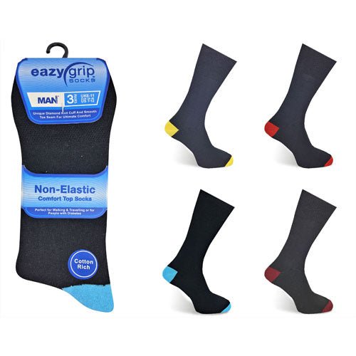 Mens Eazy Grip Non Elastic 3 Pairs Socks Coloured Heal & Toe - BritishGram.com