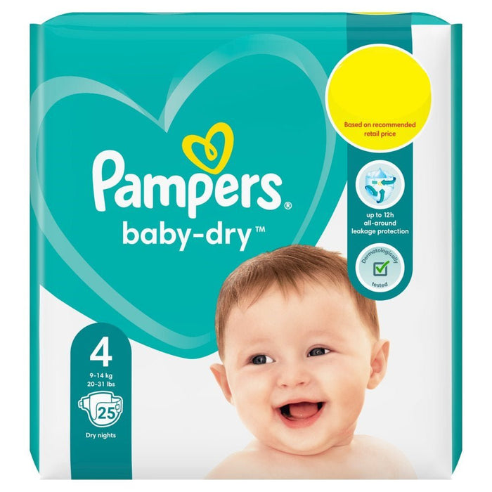 Pampers Baby - Dry Size 4, Pack of 4 x 25 Nappies Total 100 Nappies - BritishGram.com