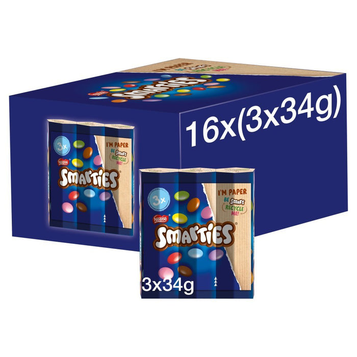 Smarties Milk Chocolate Tube Multipack 3 Pack (3 x 34g) (Box of 16) - BritishGram.com