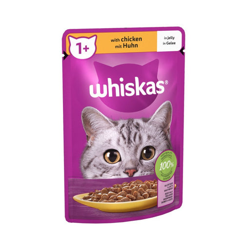 Whiskas 1+ Adult Wet Cat Food Pouches in Jelly with Chicken 85g (Box of 28) - BritishGram.com