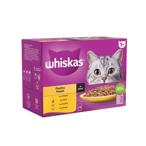 Whiskas 1+ Poultry Feasts Adult Wet Cat Food Pouches in Gravy 12x85g (Case of 4) - BritishGram.com
